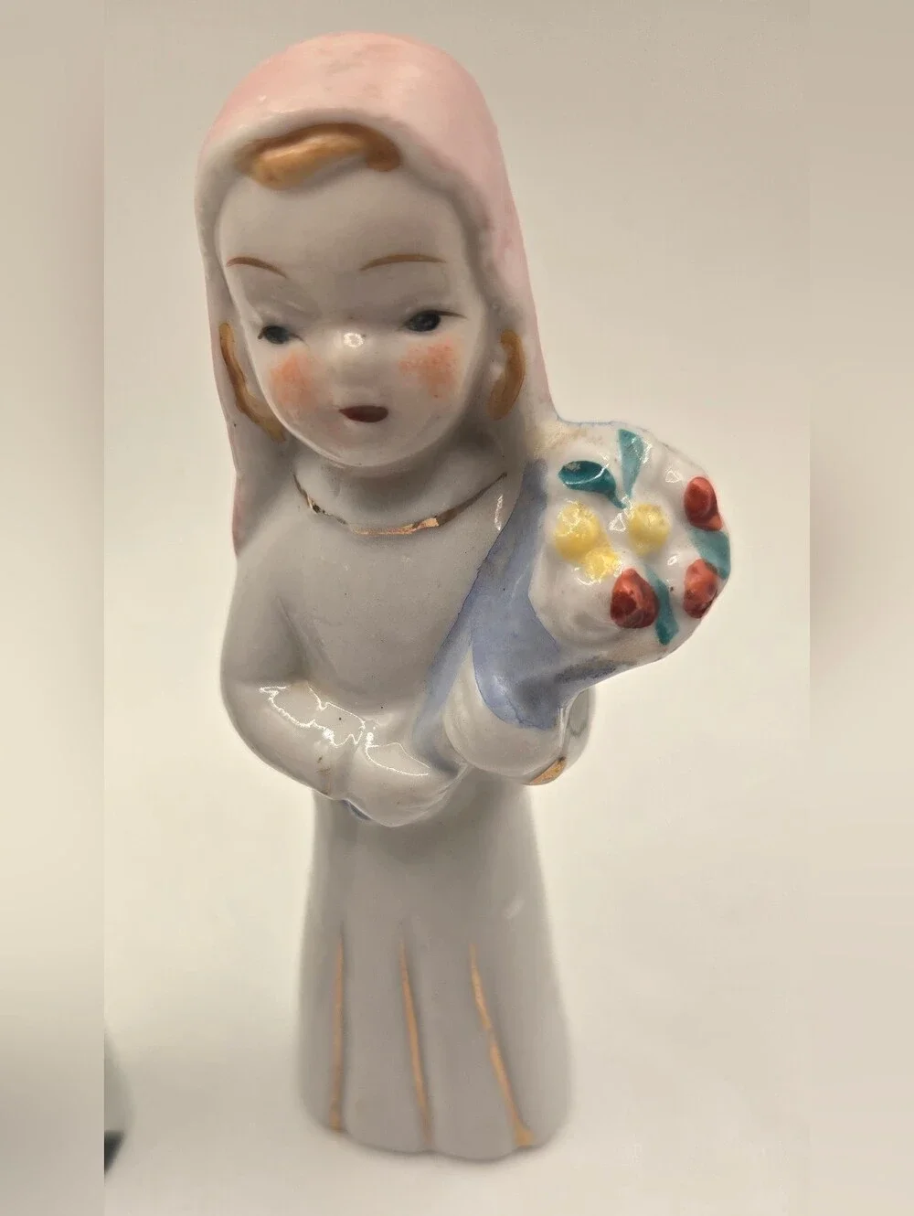 Vintage Porcelain Pair Wedding Cake Topper  Bride Groom Gold Accents 1950s Japan